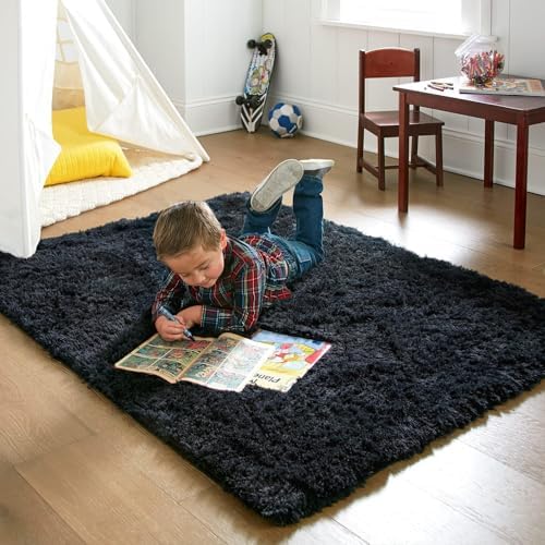 Ophanie Black Area Rugs for Bedroom Living Room, 4x6 Fluffy Fuzzy Shag Shaggy Carpet Soft Plush Furry Bedside Rug, Indoor Floor Rug for Kids Girls Boys Home Decor Aesthetic, Dorm Nursery