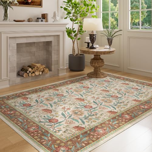 DUKINO 4x6 Area Rug, Washable Vintage Floral Rug for Living Room, Brown