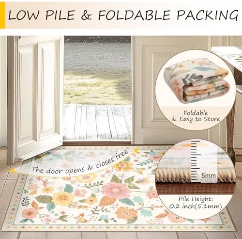 RELEANY Floral Washable 5x7 Area Rugs Beige/White/Orange