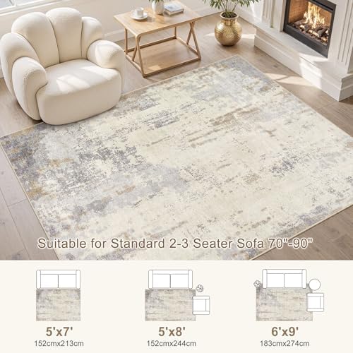 UERMEI 6x9 Area Rug Living Room Rugs - Washable Neutral Modern Abstract Soft Thin Rug Indoor Floor No Slip Rug Carpet for Bedroom Under Dining Table Home Office Decor - Light Brown/Gray