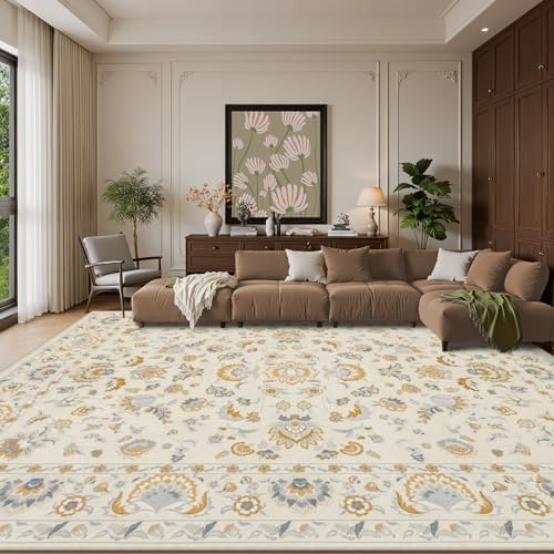 8x10 Area Rug Living Room: Soft Floral Washable Boho Carpet Beige