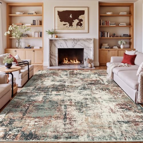 Rugflix 9x12 Area Rugs for Living Room, Washable Rust Brown Green Large Rug