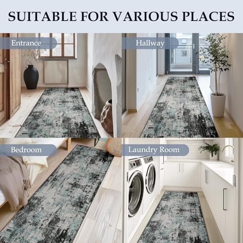 RELEANY Washable Runner 2'x10' Abstract Area Rug for Hallway Teal Black