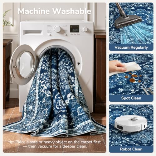 Lessymo Floral 8x10 Area Rugs for Living Room,Large Washable Carpet Blue