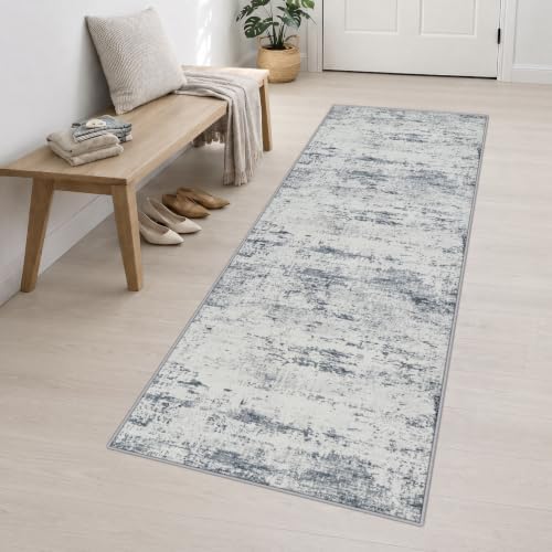 3x10 Washable Runner Rug：Modern Abstract Soft Carpet Blue Grey