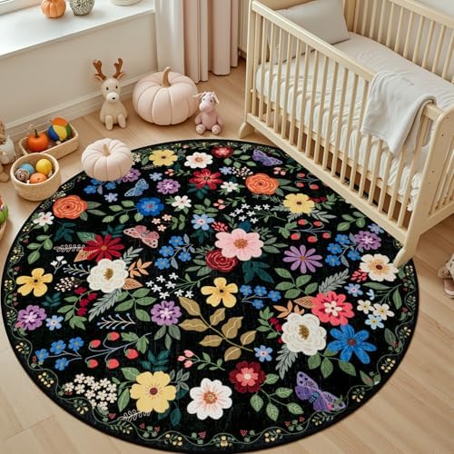 PLHXFR Round Area Rug Living Room: 4 ft Floral Washable Soft Carpet Black