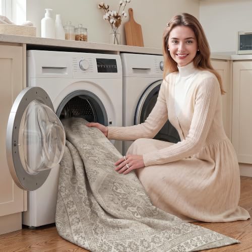 Ksrau 7x9 Area Rug Washable: Non Slip Living Room Floor Carpet Beige