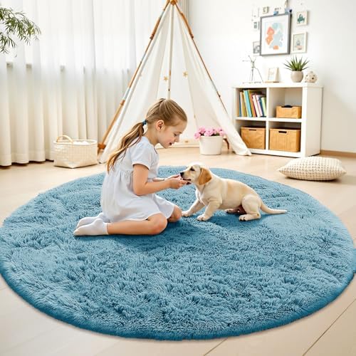 OLANLY Slate Blue Round Rugs for Bedroom - Machine Washable, 5 ft Circle Area Rugs for Living Room, Soft and Fluffy Shaggy Carpet for Teen Girl and Boys, Nursery Rooms, Dorms, Home Decor Aesthetic