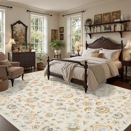 8x10 Area Rug Living Room: Soft Floral Washable Boho Carpet Beige
