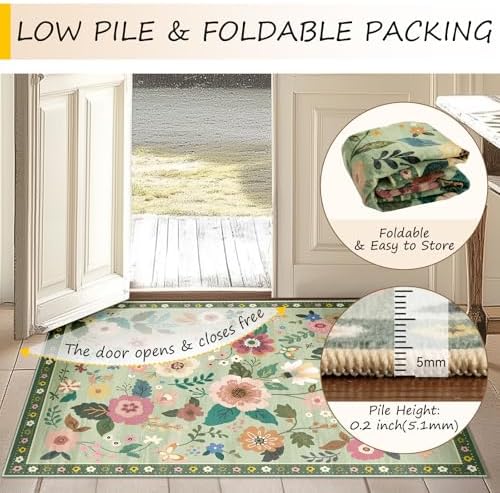 RELEANY Floral Washable 4x6 Area Rugs LightGreen