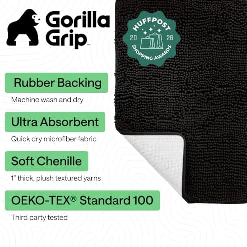 GORILLA GRIP Bath Rug Mat for Bathroom, Absorbent Chenille, 60x24 Black