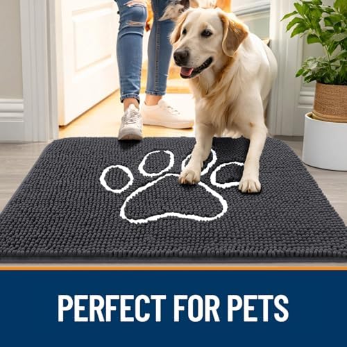 OLANLY Dog Door Mat for Muddy Paws 36x24, Paw Print Design Chenille Mud Mat