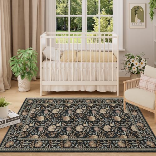 DUKINO 3x5 Rug, Washable Vintage Floral Bedroom Area Rug Non Slip, Black