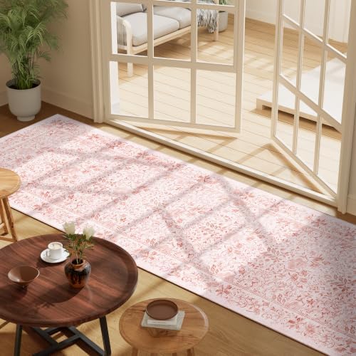 DUKINO 2x10 Runner Rug, Washable Vintage Floral Kitchen Rug, Pink