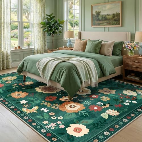 RELEANY Floral Washable 6x9 Area Rugs DarkGreen