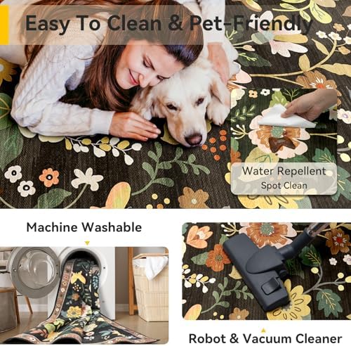 RELEANY Floral Washable 6x9 Area Rugs Black/Yellow