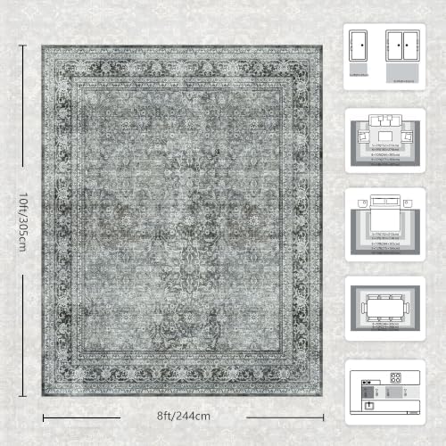 8x10 Area Rugs for Living Room - Washable Vintage Retro Large Rug, Soft Ultra Thin Non Slip Low Pile Traditional Distressed Boho Carpet for Bedroom Dining Room Home Office, Black Grey