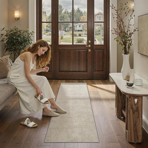 Valenrug 2x6 Hallway Runner Rug, High-Low Pile Textured Washable Rug Beige
