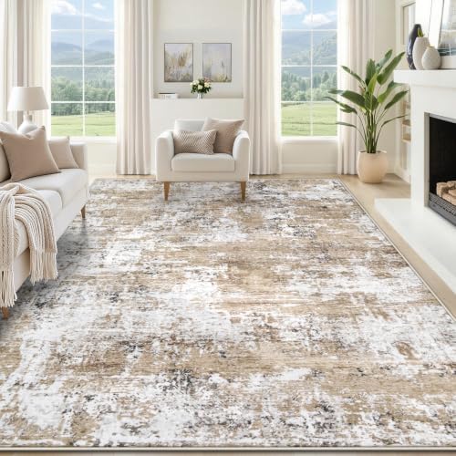 XLUEZ 9x12 Area Rug for Living Room, Washable Modern Abstract Large Area Rug Neutral Soft Non Slip Kids Rug Stain Resistant Indoor Carpet for Bedroom Dining Room Playroom Office(Beige, 9'x12')