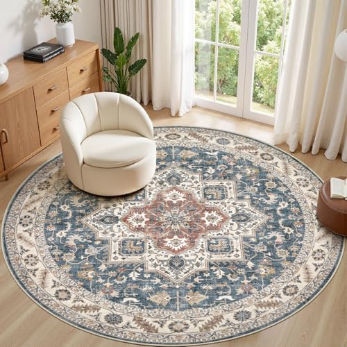 cotiled 8ft Round Living Room Area Rug, Washable, Traditional, Vintage Blue