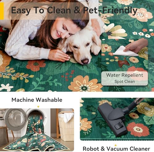 RELEANY Floral Washable 3x5 Area Rugs DarkGreen