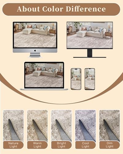 Madane Washable Round Rug 8ft for Living Room, Soft Neutral Rug Brown/Sand