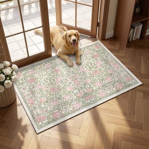 GarveeHome Pink Green Beige Floral 2.5x8 Runner Rug for Kitchen Hallways