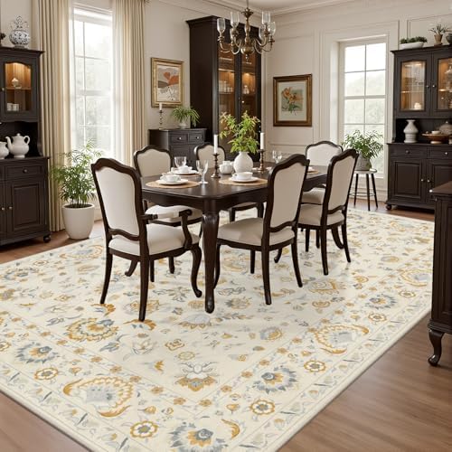 8x10 Area Rug Living Room: Soft Floral Washable Boho Carpet Beige