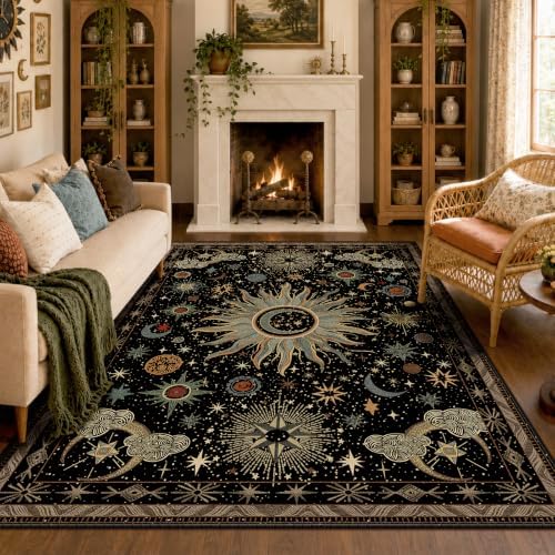 Vacuum-Friendly, 5x8 Washable Area Rug, Black Green Blue