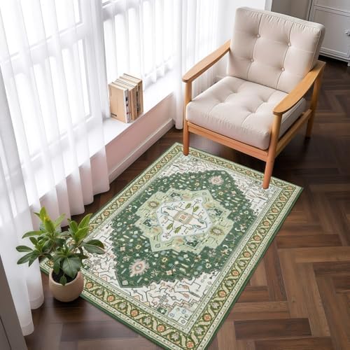 Macgace Washable Vintage Small Area Rug for Entryway, 2x3 Rugs Green White