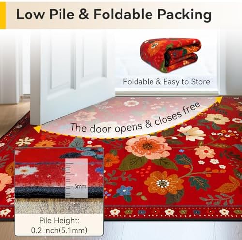 Floral Washable 8x10 Area Rugs Red/Orange