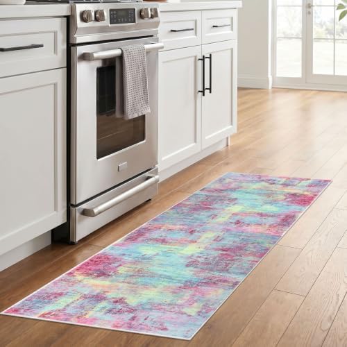 IOHOUZE Abstract Runner Rug 2x6 Ft Washable Runners for Hallways, Non Slip Kitchen Runner Printed Faux Wool Entryway Runner Indoor, Modern Abstract Floor Carpet for Hall Kitchen Bedroom, Pink Teal