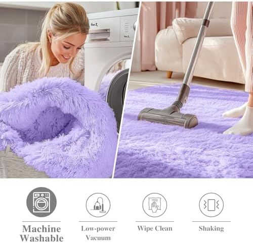 OLANLY Light Purple Round Rugs for Bedroom - Machine Washable, 3 ft Circle Area Rugs for Living Room, Soft and Fluffy Shaggy Carpet for Teen Girls and Boys, Nursery Rooms, Dorms, Home Decor Aesthetic