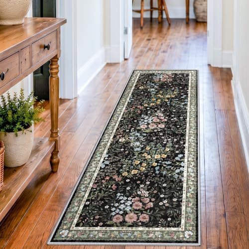 Washable Kitchen Runner Rug 2x6: Vintage Floral Rug for Hallway Kitchen - Machine Washable Non Slip Low Pile Carpet - Soft Foldable Runner for High Traffic Areas - 2'x6' Black