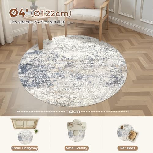 DMOYEST 4ft Round Area Rug Living Room Rugs - 4x4 Washable Large Soft Indoor Neutral Modern Abstract Low Pile Rug Carpet for Bedroom Dining Room Farmhouse Home Office - Beige Blue