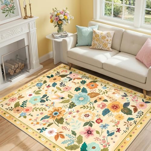 RELEANY Floral Washable 3x5 Area Rugs Yellow/Orange
