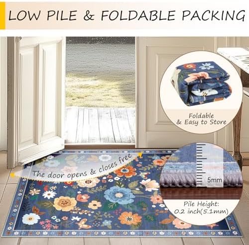 RELEANY Floral 5x7 Area Rug Machine Washable Soft Print Boho Carpet Non Slip Doormat Low Pile Flower Area Rugs for Living Room Bedroom Nursery Kitchen Dining Room Indoor-Blue/Grey