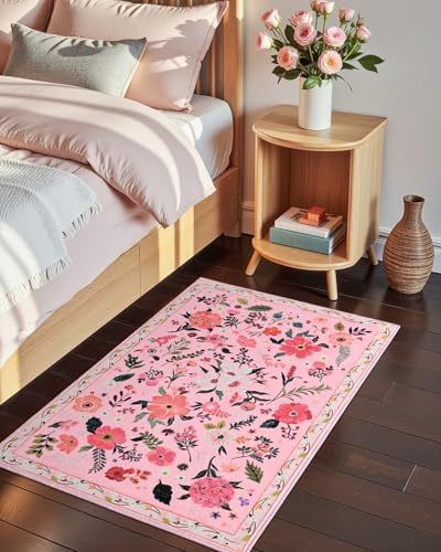 Macgace Floral Area Rug for Entryway, Washable 2x3 Pink Small Rugs