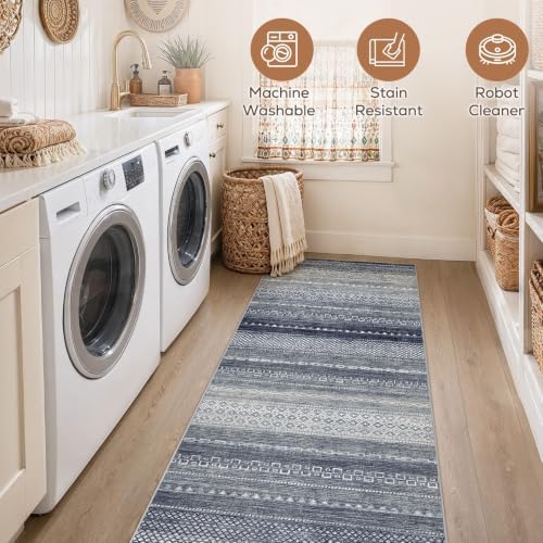 Nakagishi Boho 2x6 Runner Rug Machine Washable Rugs Non Slip Denim Blue
