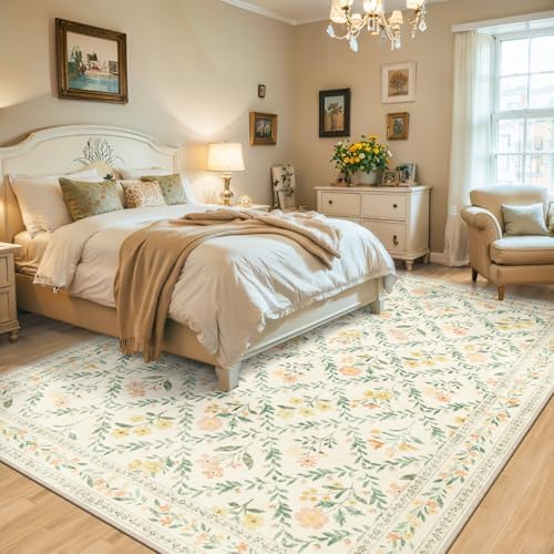 PLHXFR Area Rug Living Room: 4x6 Floral Washable Boho Carpet Beige Multi