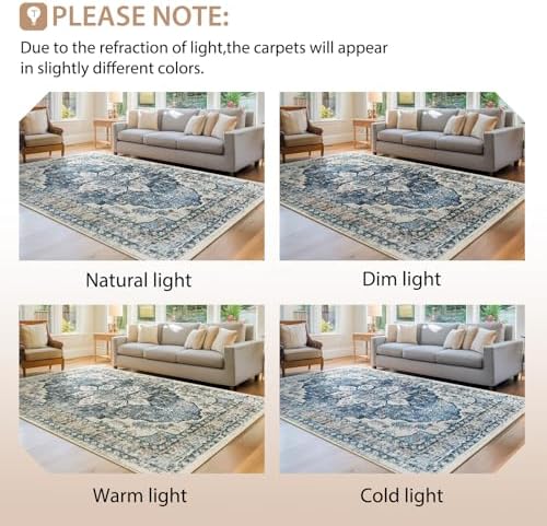 BESTSWEETIE Washable Boho 5x7 Area Rug, No Pile for Living Room, Blue Navy