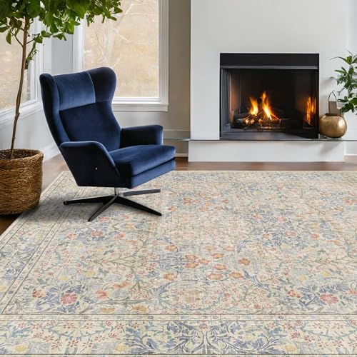 7x10 Washable Rug for Living Room - Stain Resistant Dining Room Rugs for Under Table, Soft Low Pile Large Carpet for Bedroom - Vintage Floral Non-Slip (Beige Blue)