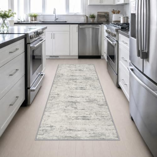 3x8 Washable Runner Rug：Modern Abstract Kitchen Soft Carpet Gray