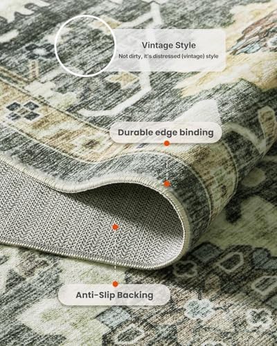 Amada 8x10 Washable Area Rug for Living Room, Green/Brown, Vintage Pattern