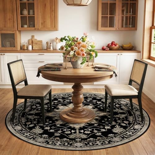RELEANY Washable Area Rug, Round 6ft, Black/Neutral