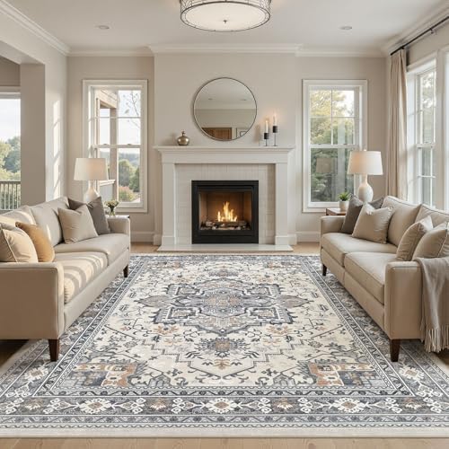 UERMEI 10x14 Area Rug Living Room Rugs - Washable Vintage Soft Large Rug Indoor Floor No Slip Rug Carpet for Bedroom Farmhouse Under Dining Table Home Office Decor - Grey-Orange