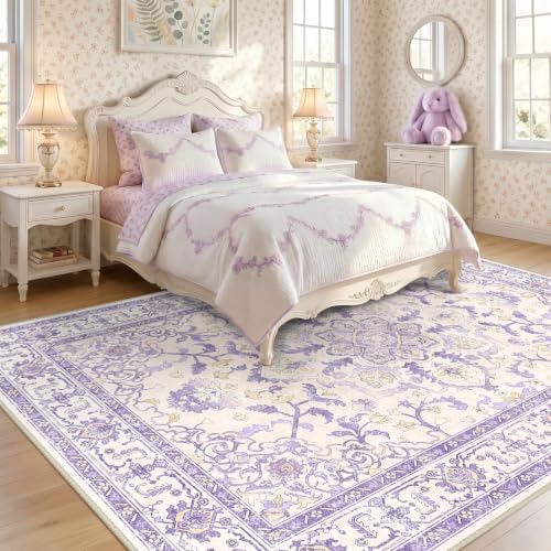 CAPALOCA 6x9 Washable Nursery Girls Low Pile Area Rug Purple Beige
