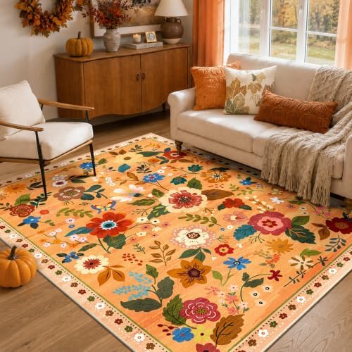 RELEANY Floral Washable 4x6 Area Rugs Orange/Yellow/Red