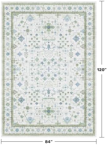 Hazo Haus Blue and Green Living Room Rug 7x10 - Cream Oushak Vintage Boho Floral Farmhouse, Washable Low Pile Non-Slip Extra Large Area Rugs for Bedroom, Kids, Lounge