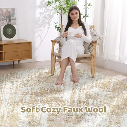 LOONGRUG Round Rug 8x8 Washable Large Neutral Modern Abstract Circle Rugs